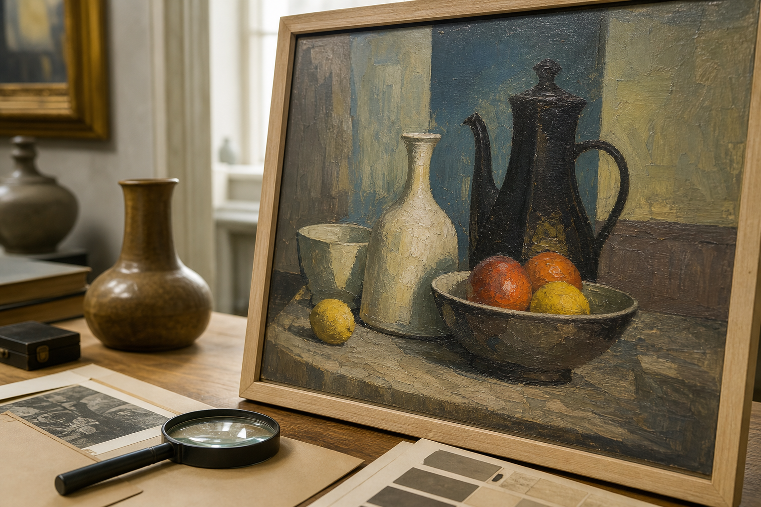 Mid-century still life painting appraisal setup with framed artwork, magnifier, and research notes