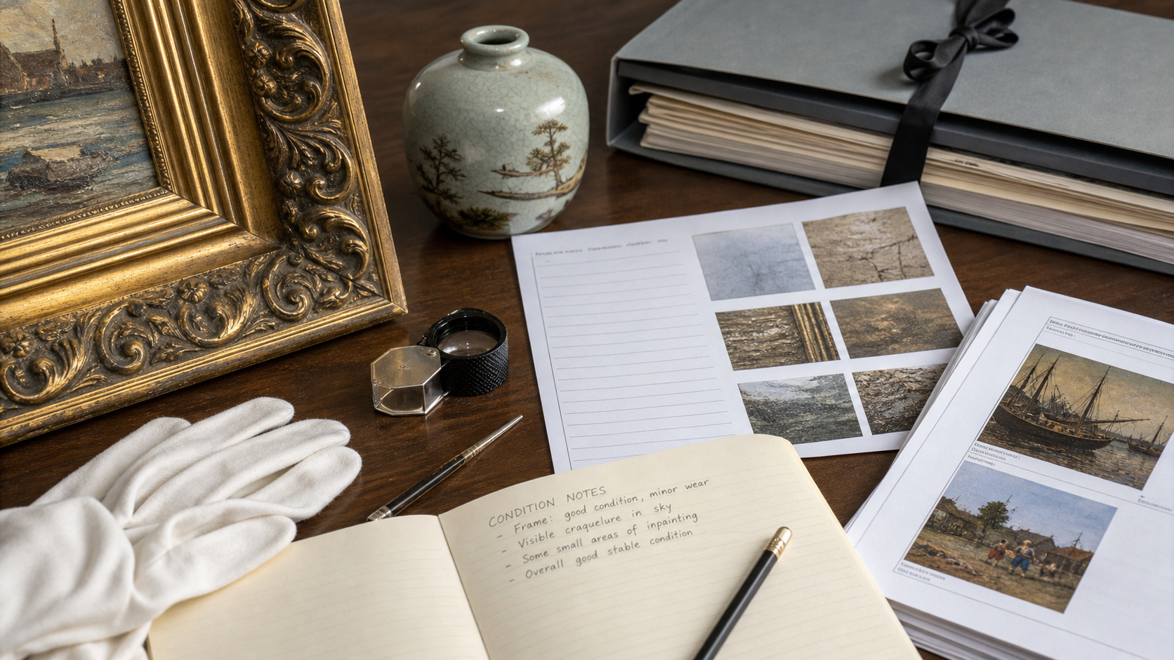 Advanced art and antique appraisal workfile with authentication, condition, provenance, comparable sales, ethics, and reporting notes