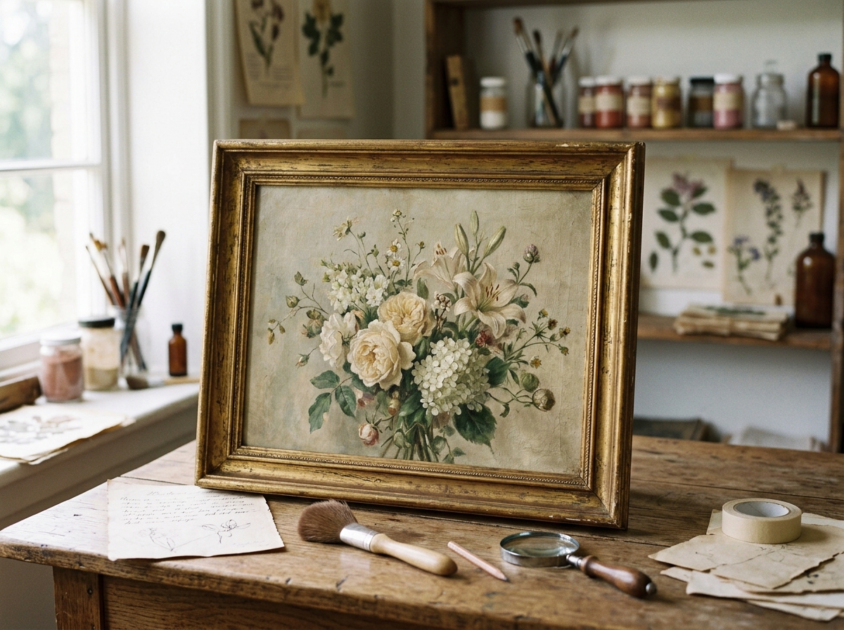 After Paul de Longpre floral painting reference with subject, medium, signature, print clues, frame, condition, and provenance