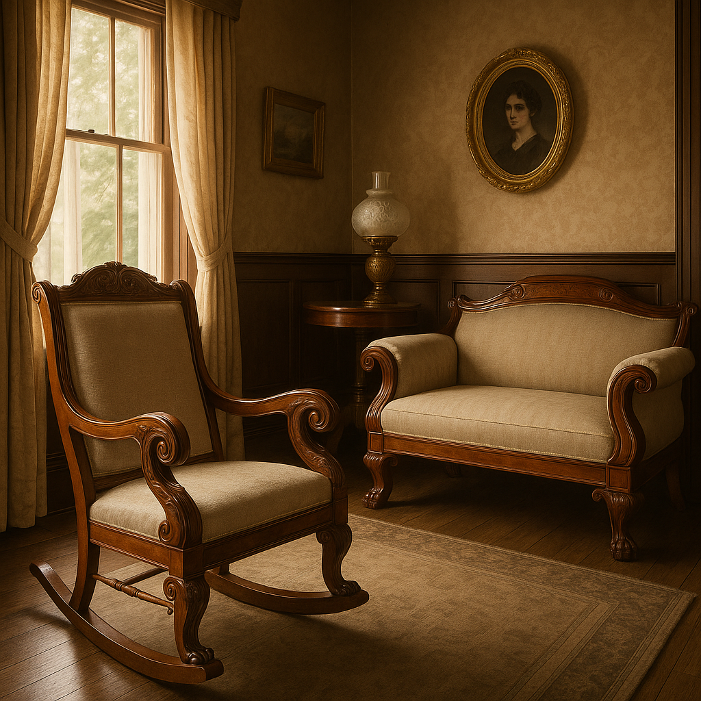 American Empire style rocking chair and parlor sofa reference with form, wood, upholstery, construction, condition, and market evidence