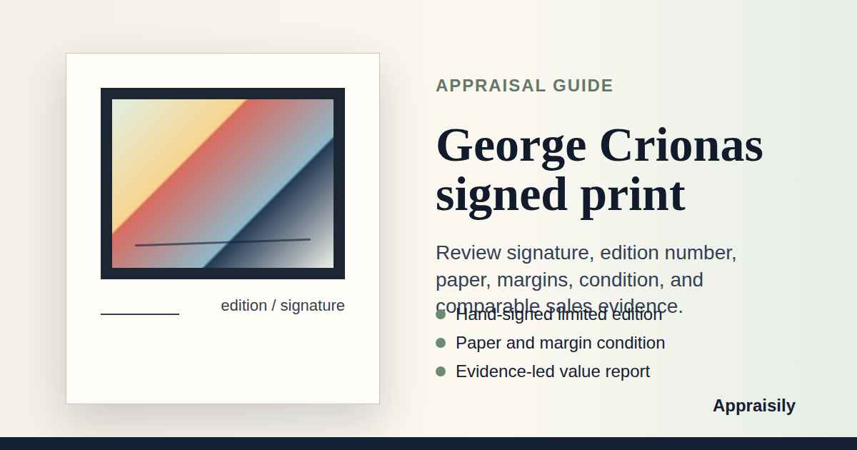 George Crionas hand-signed limited edition print reference with signature, edition number, printing method, paper, condition, provenance, and market evidence