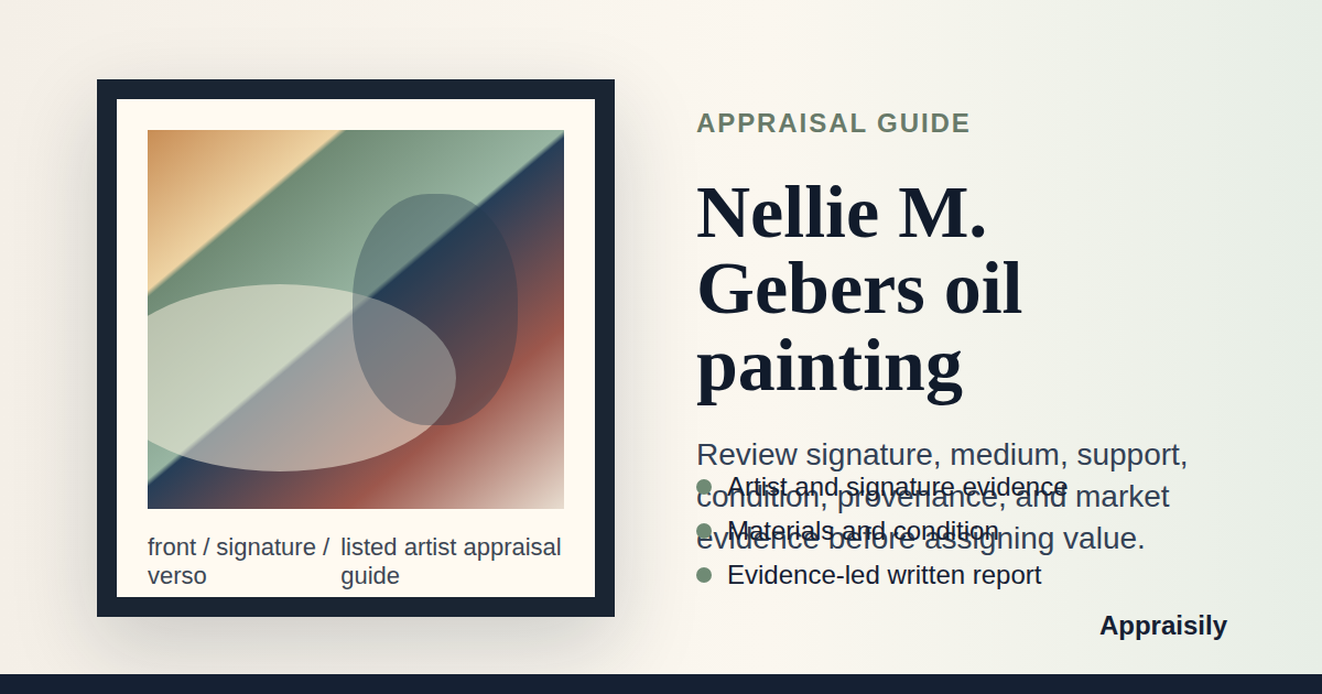 Nellie M. Gebers oil painting reference with signature evidence, medium, support, subject, condition, provenance, and market evidence