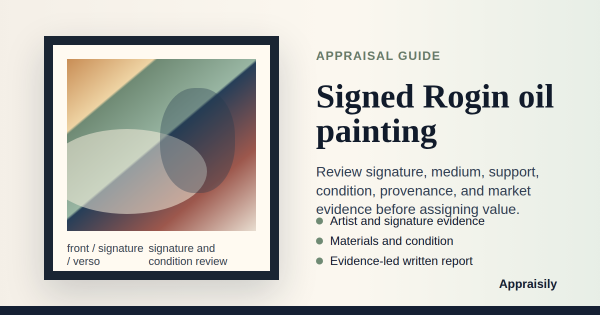 Signed Rogin oil painting reference with signature evidence, medium, support, subject, condition, frame, provenance, and market evidence
