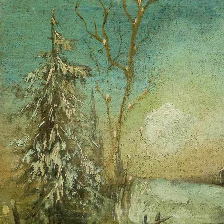 Bob Ross-style winter oil painting reference with signature evidence, subject, technique, condition, provenance, and market evidence