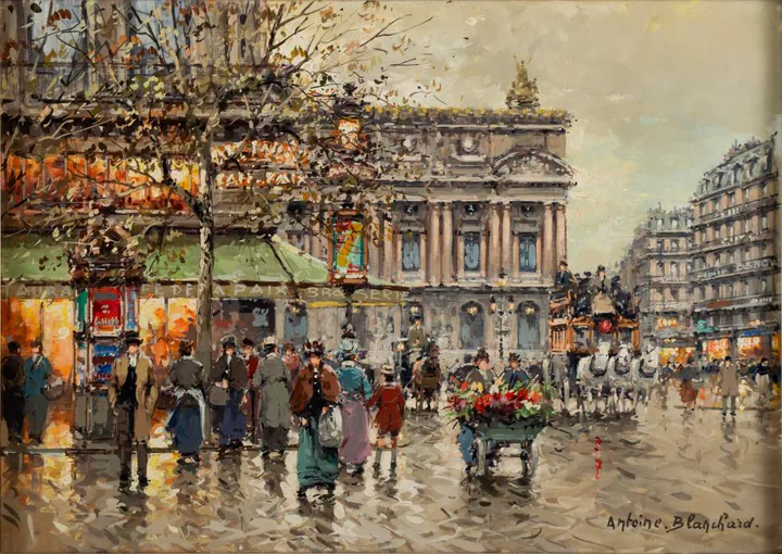 Attributed Antoine Blanchard painting reference with attribution evidence, signature, Paris subject, medium, condition, provenance, and market evidence