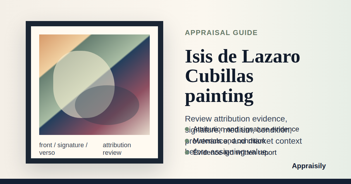Attributed Isis de Lazaro Cubillas painting reference with attribution evidence, signature, medium, condition, provenance, and market context