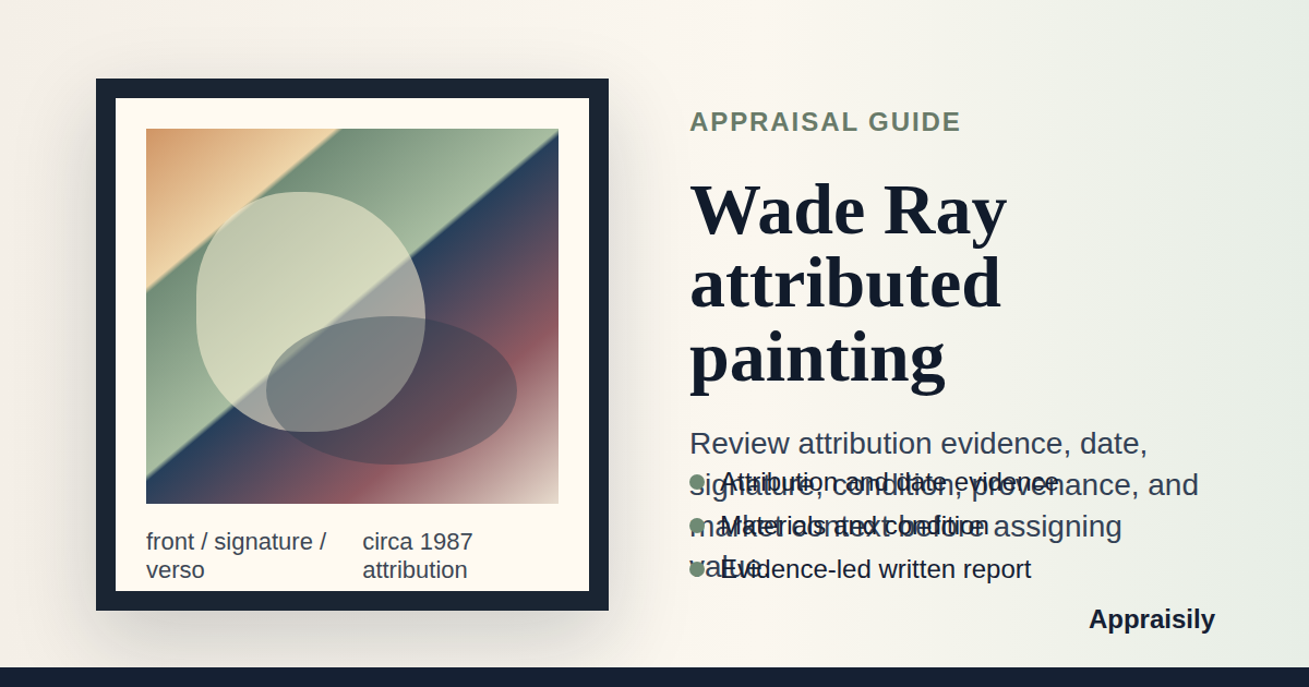 Attributed Wade Ray painting reference with attribution evidence, signature, date, medium, condition, provenance, and market context