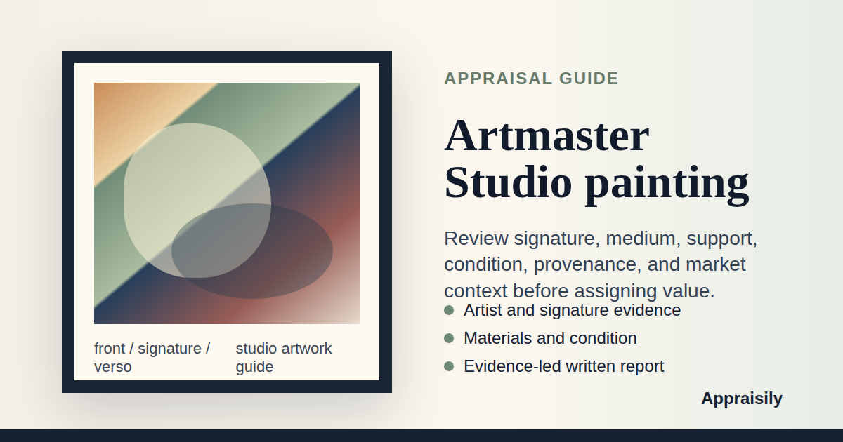 Artmaster Studio painting reference with studio marks, signature evidence, medium, subject, condition, frame, provenance, and market context