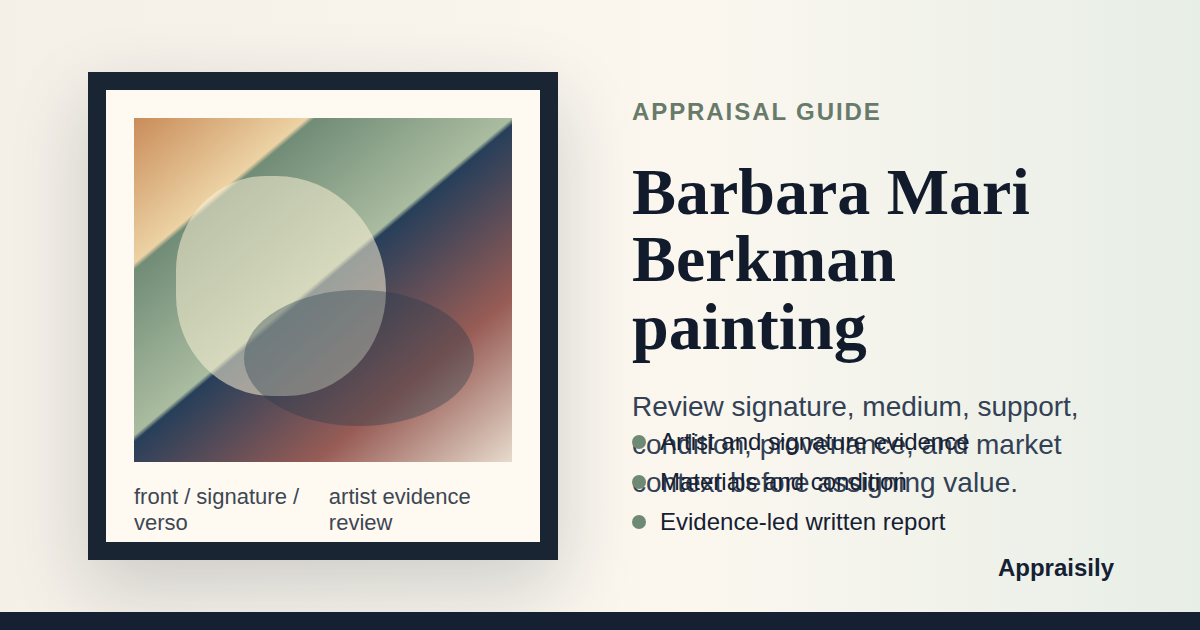 Barbara Mari Berkman painting reference with signature evidence, medium, subject, condition, provenance, documentation, and market context