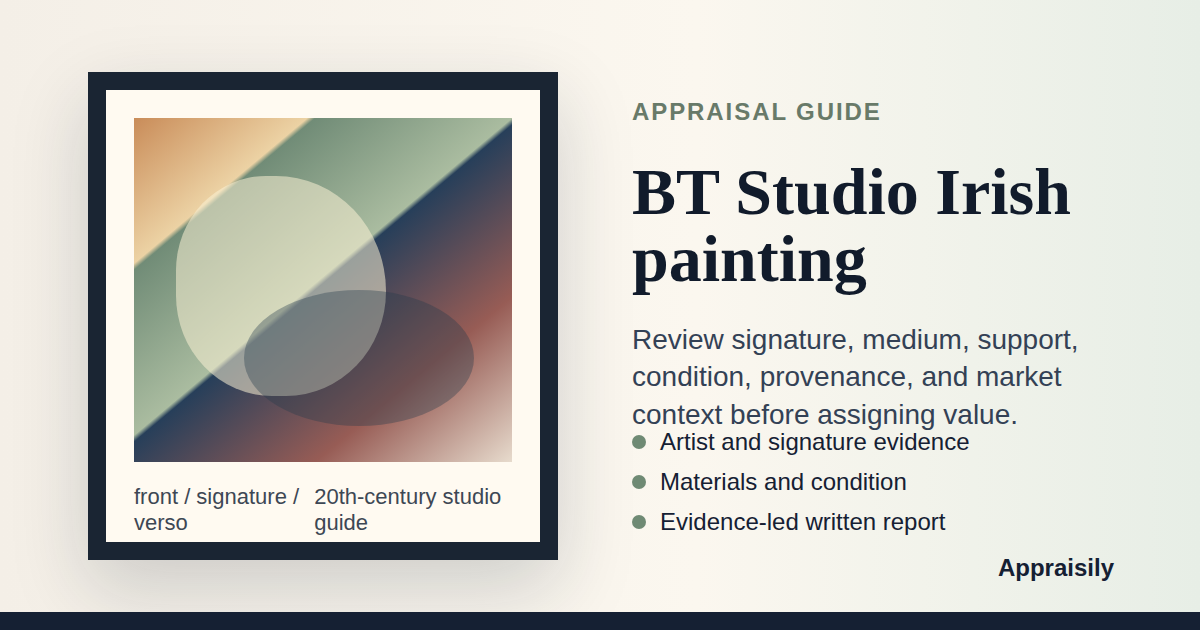 BT Studio Irish painting reference with studio marks, signature evidence, medium, subject, condition, provenance, and market context