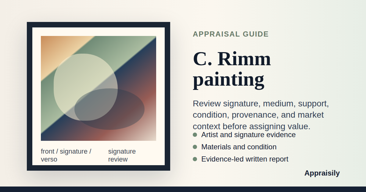 C. Rimm painting reference with signature evidence, medium, support, subject, condition, frame, provenance, and market context