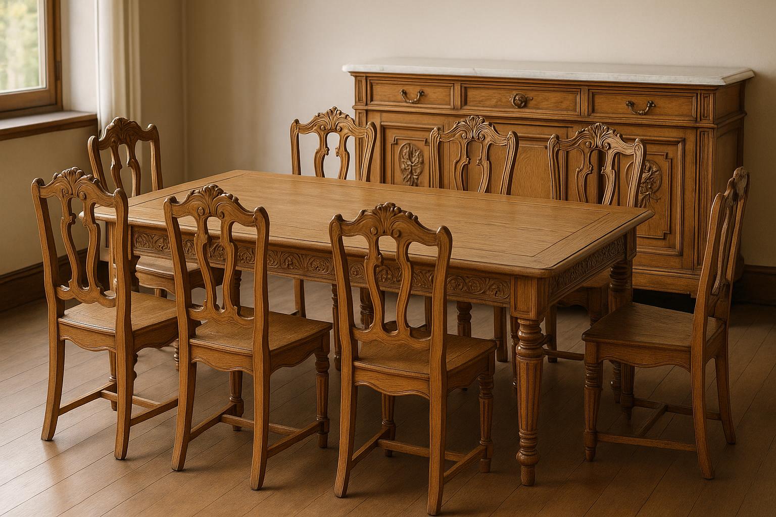 Early 20th-century French dining set reference with construction, wood, style, condition, completeness, provenance, and market context