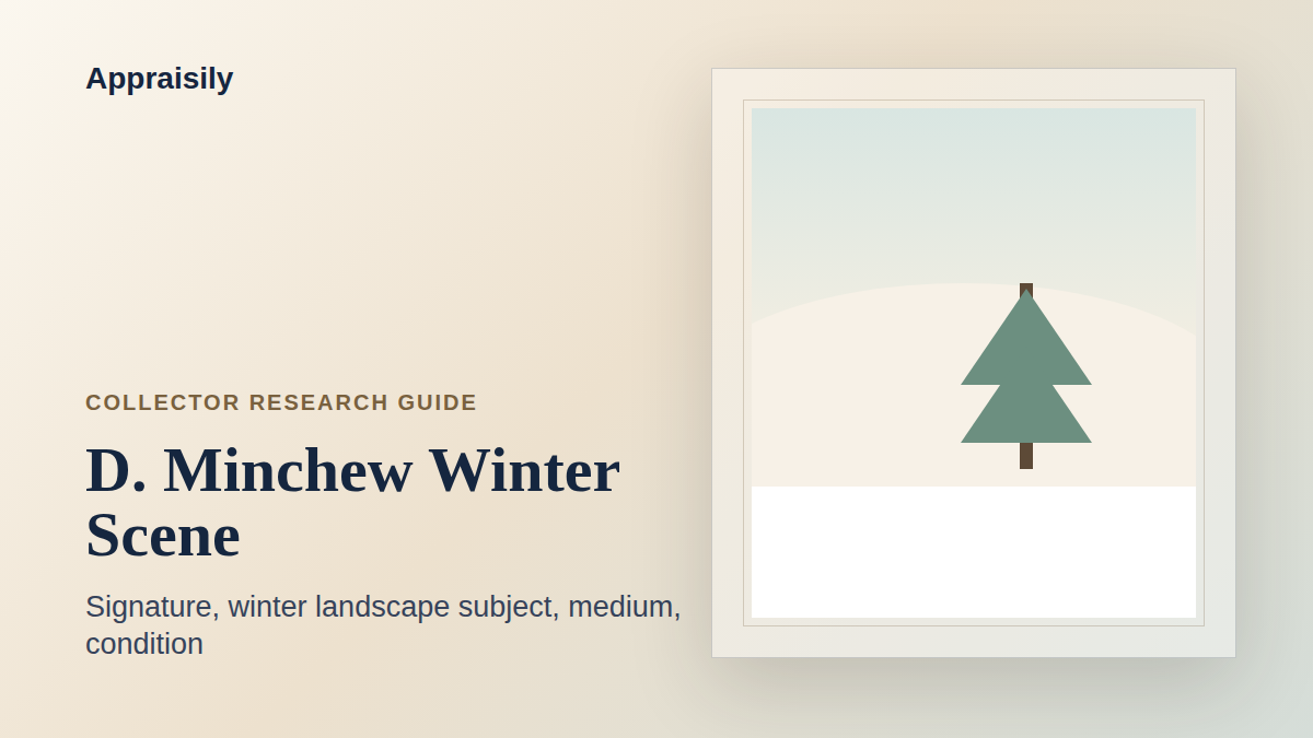 D. Minchew winter scene reference with signature evidence, medium, landscape subject, condition, provenance, and market evidence
