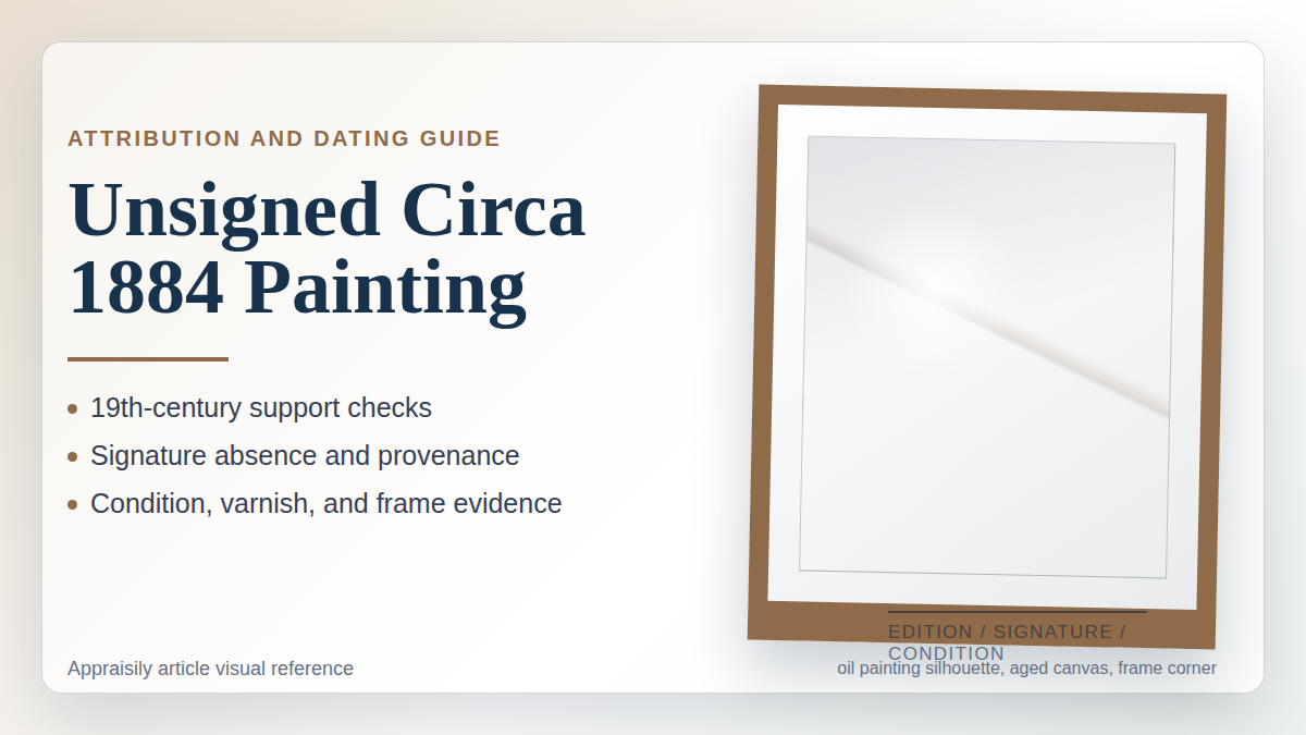 Unsigned circa 1884 painting reference with medium, support, date evidence, subject, condition, provenance, and attribution clues