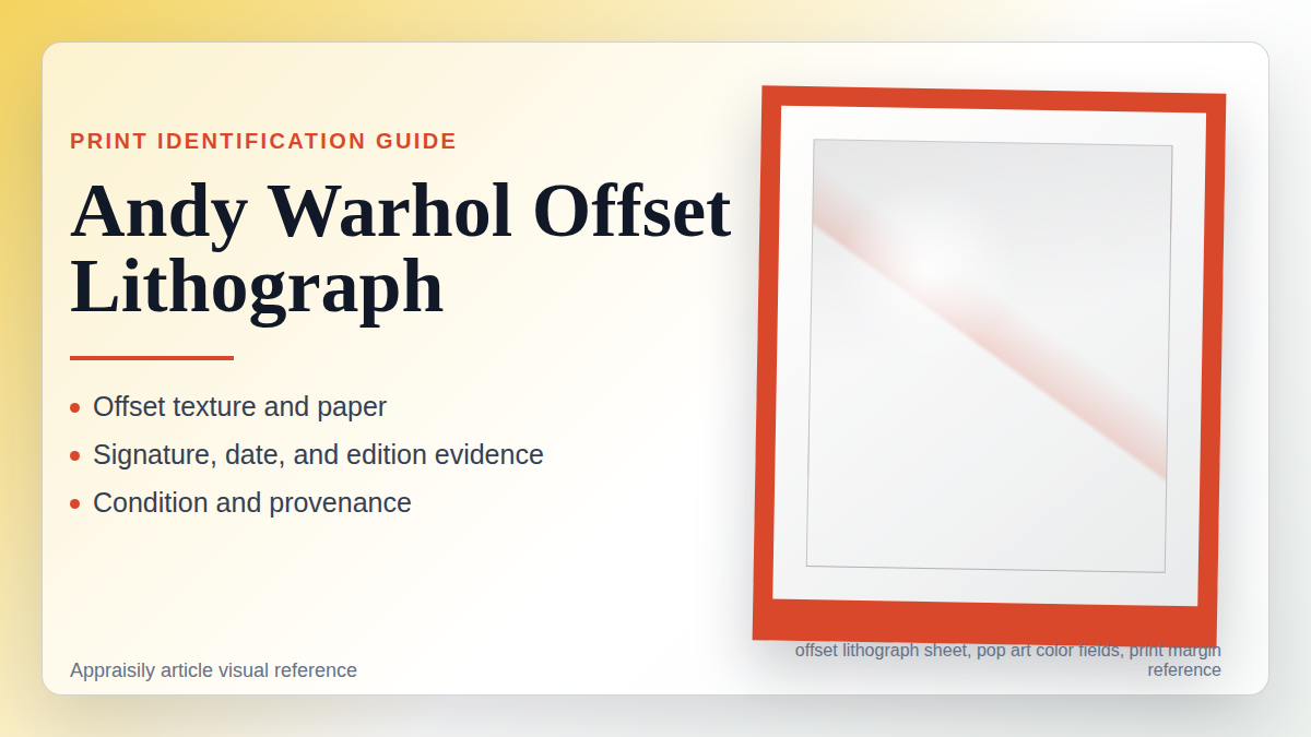 Andy Warhol offset lithograph reference with print process, paper, signature evidence, date evidence, condition, provenance, and edition context
