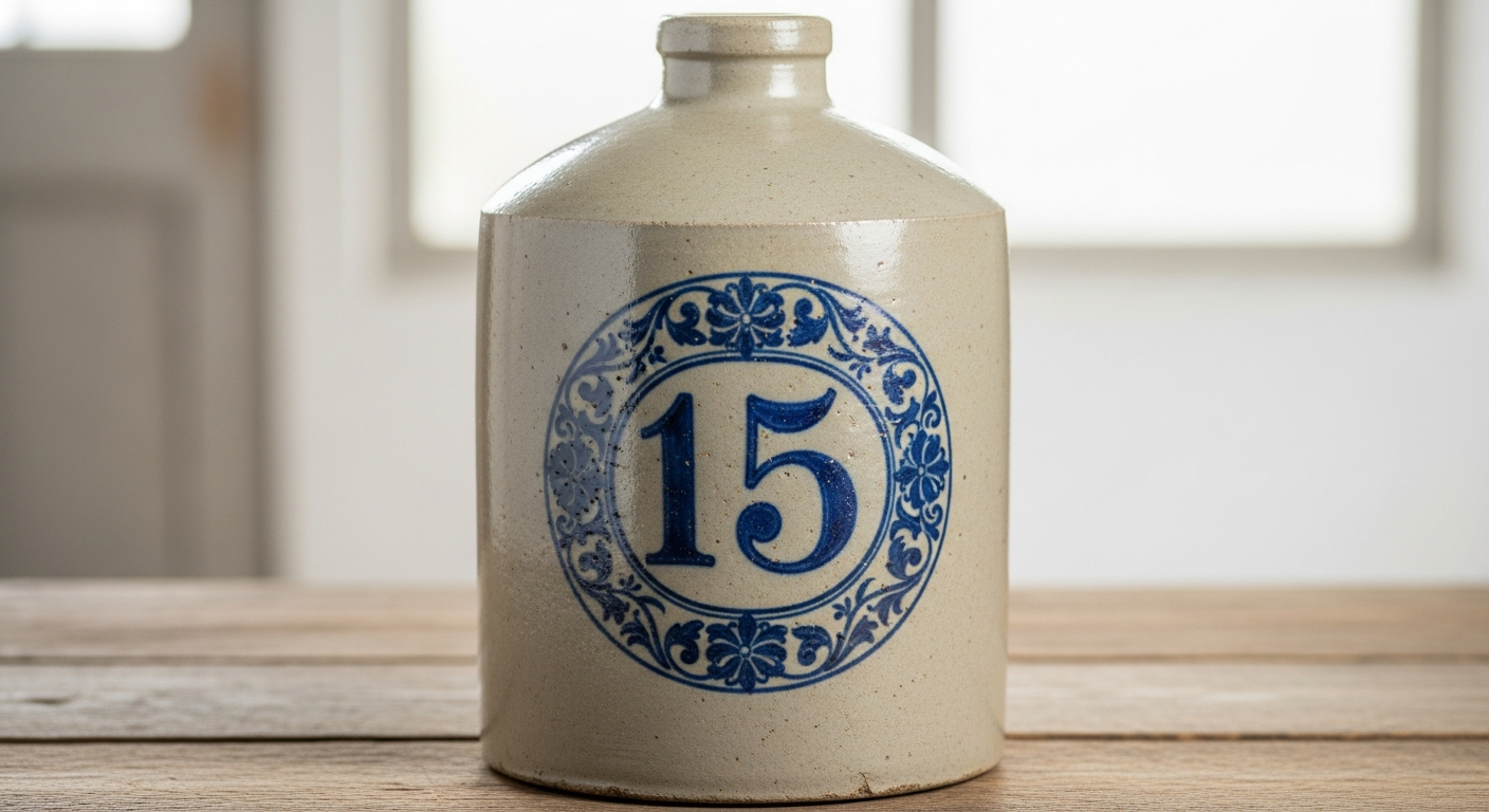 Antique 15 gallon crock reference with maker marks, cobalt decoration, stoneware body, handles, cracks, repairs, condition, and provenance