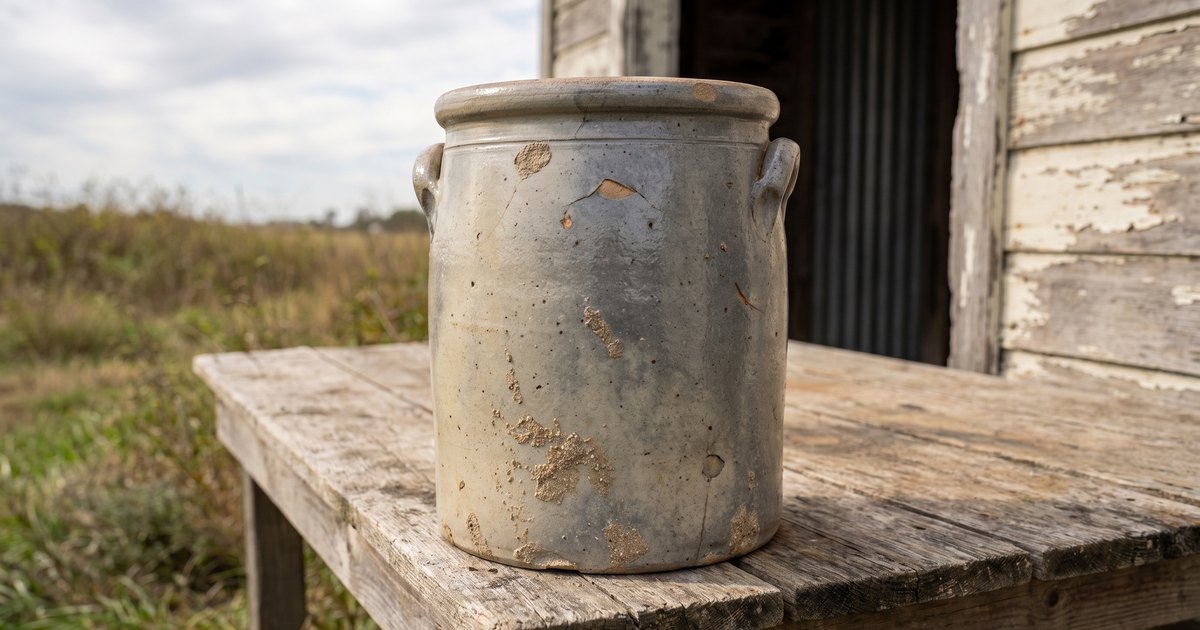 Antique salt-glazed stoneware crock with lug handles