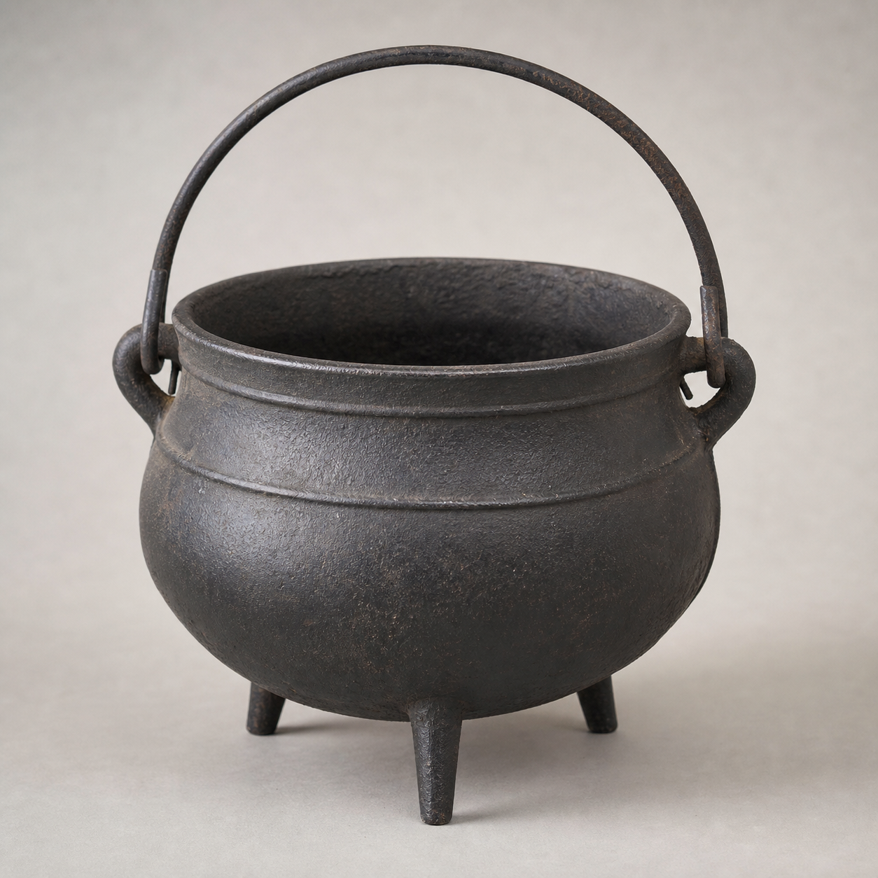 Antique cast iron cauldron with handle and aged iron surface for valuation