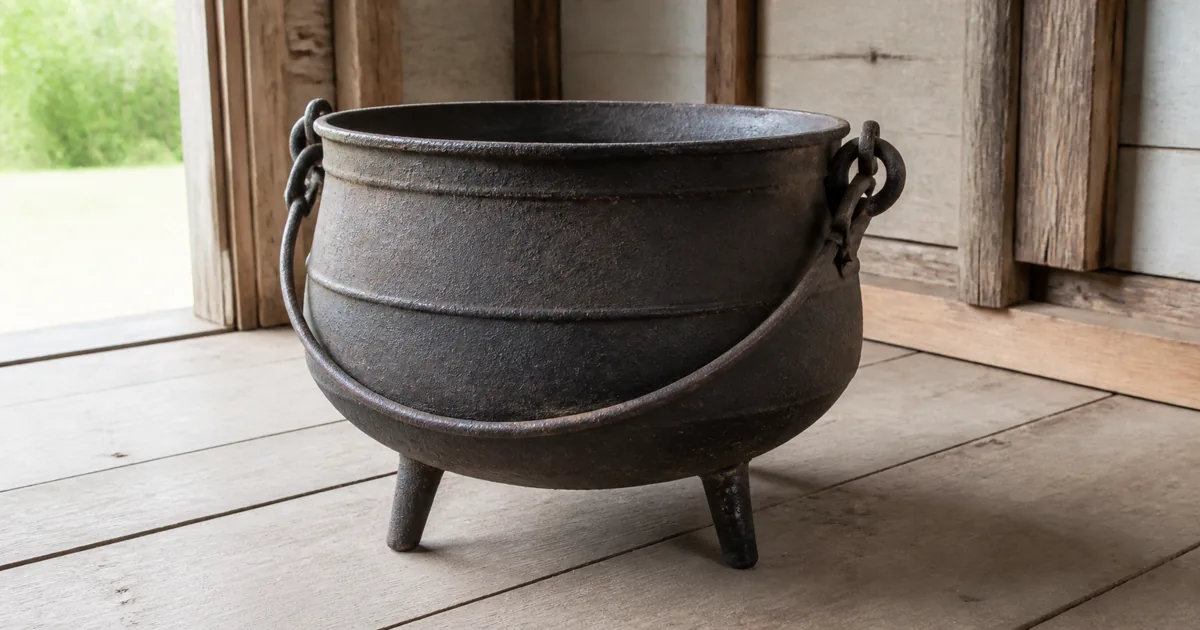 Antique cast-iron cauldron with bail handle and aged surface patina
