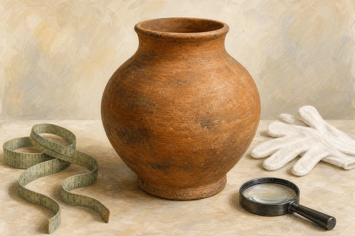 Illustrated generic hand-thrown clay vessel with measuring tape, cotton gloves, and magnifying lens