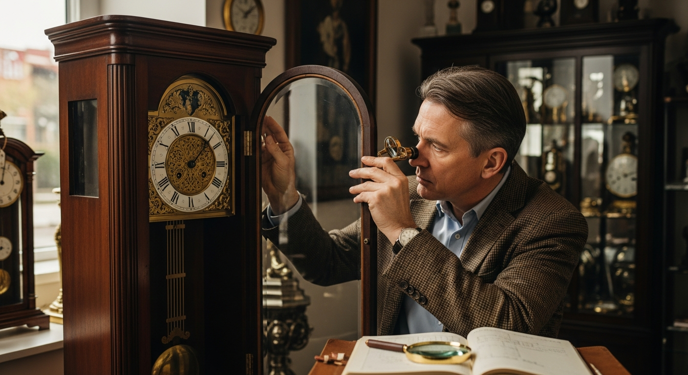 Antique clock appraisal near me reference with photos, maker marks, movement details, service records, condition notes, and ownership history
