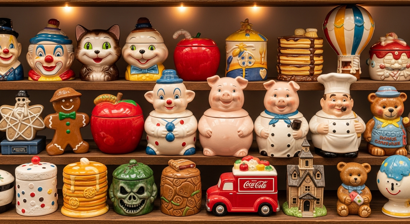 Antique cookie jar values reference with maker, mold, character design, lid fit, glaze condition, crazing, chips, repairs, rarity, and collector demand