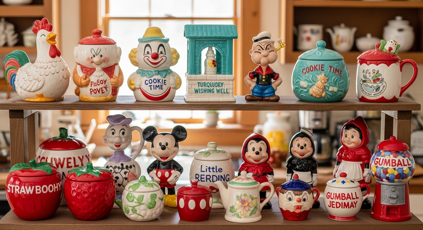 Antique cookie jars value reference with maker, shape, character, lid originality, glaze, crazing, chips, restoration, rarity, and market demand