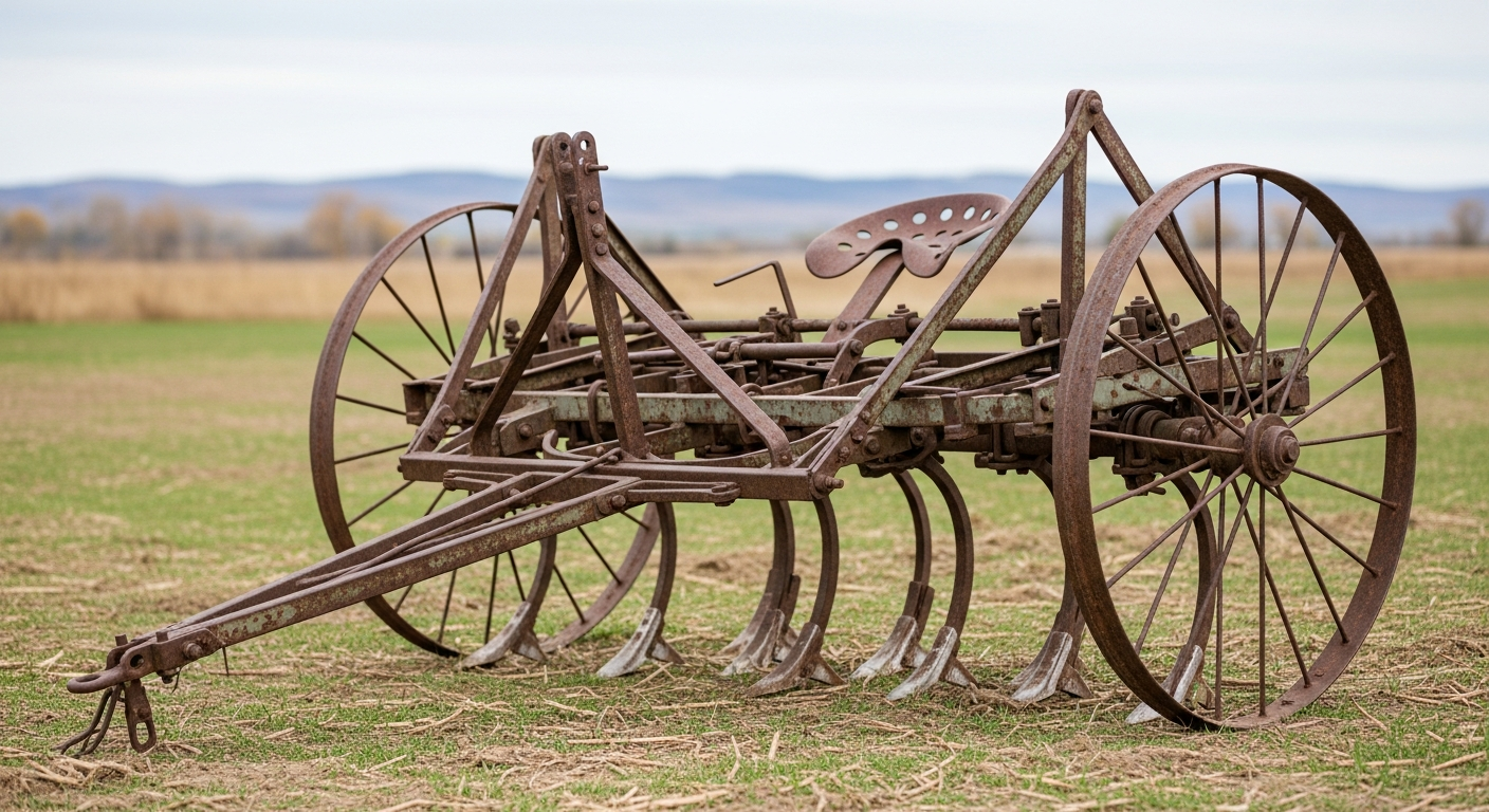 Antique cultivator value reference with type, maker, completeness, tine condition, handles, paint, farm history, and display demand