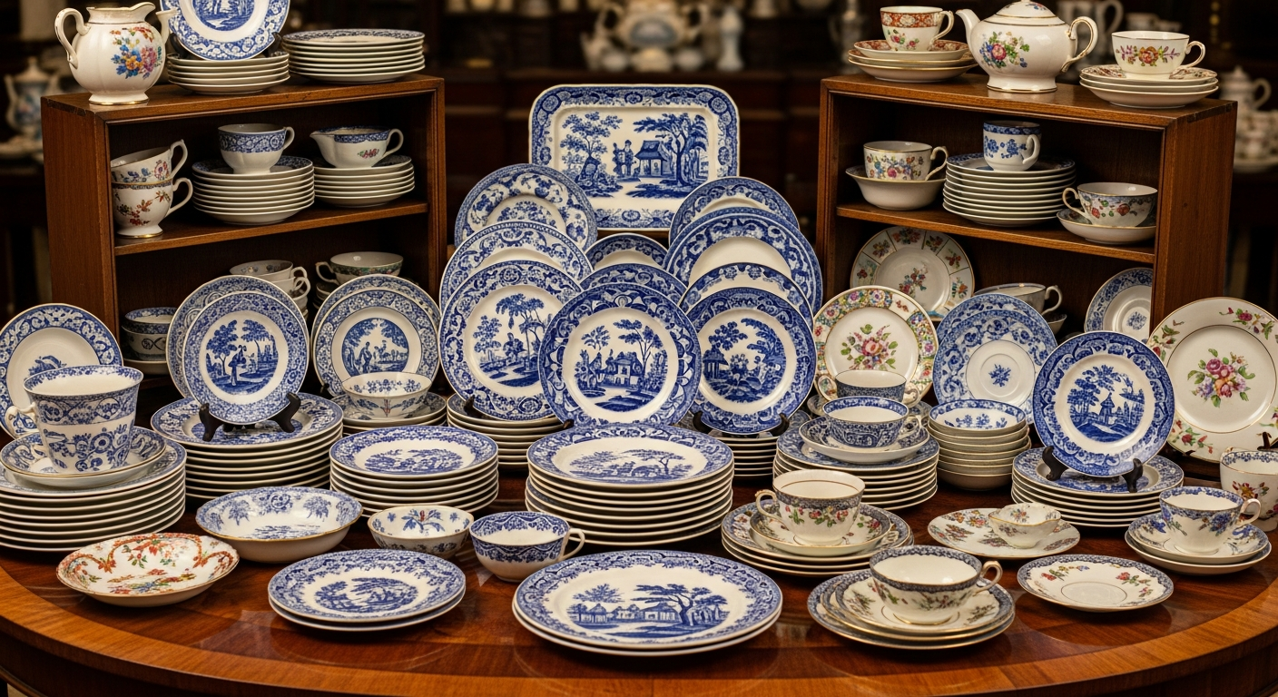 Antique dishes value list reference with maker, pattern, material, age, condition, completeness, rarity, and market demand