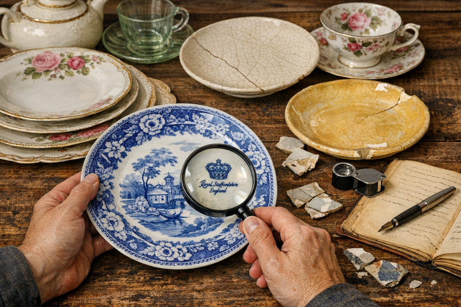 Antique dishes value reference with maker, pattern, material, marks, glaze, condition, and set completeness