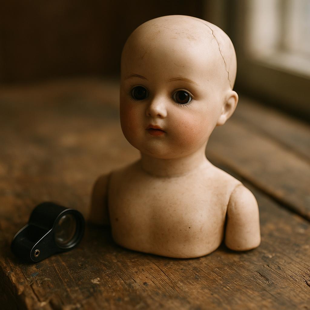 Antique doll mark identification reference with head, neck socket, shoulder plate, torso, feet, mold numbers, country stamps, materials, and construction