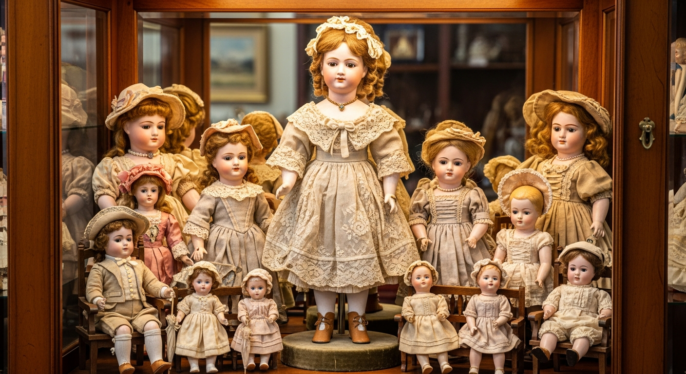 Antique dolls value reference with maker marks, material, mold, body type, eyes, wig, clothing, size, condition, repairs, rarity, and collector demand