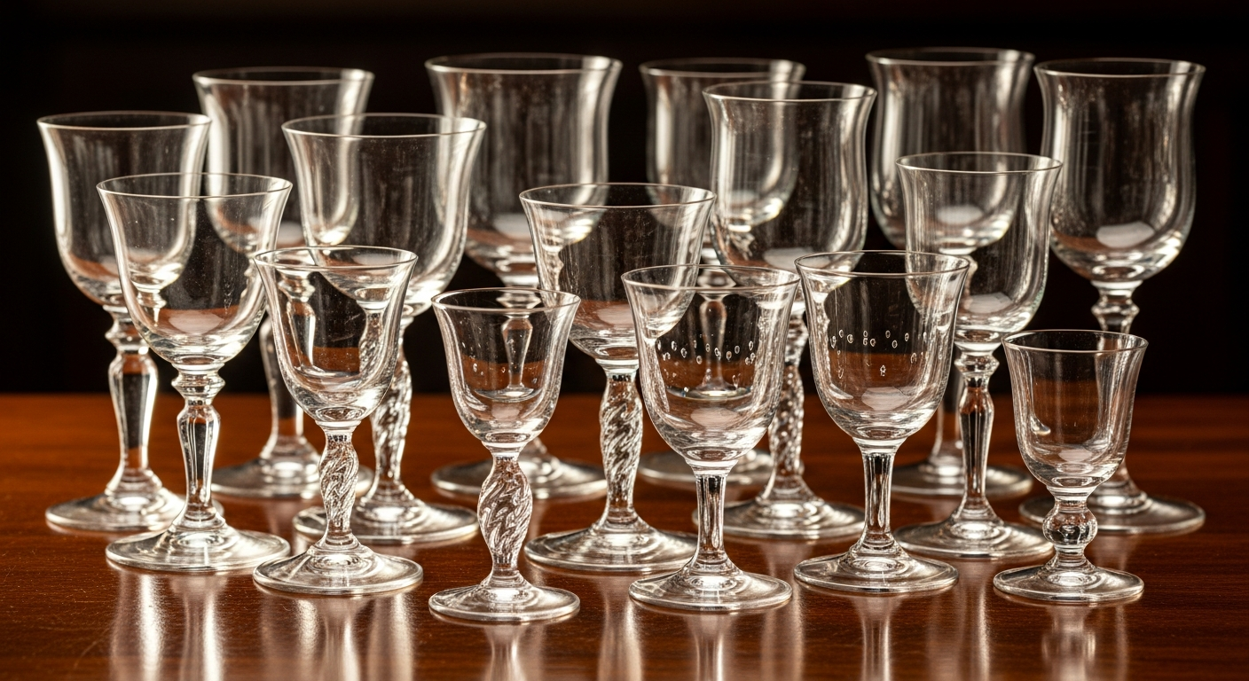 Antique drinking glasses identification reference with stem, pontil, bowl shape, glass color, cutting, engraving, wear, maker clues, period style, and condition