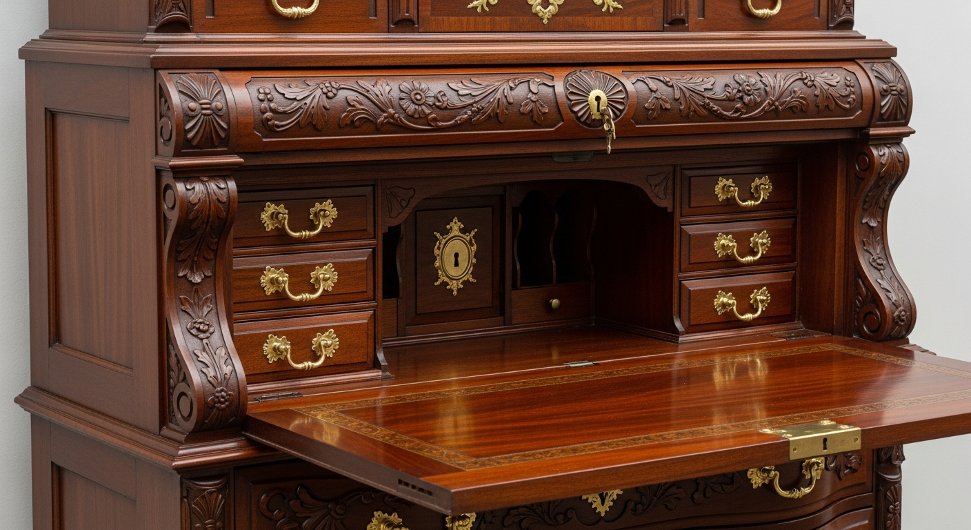 Antique drop front secretary desk value reference with style, wood, construction, interior fittings, hardware, finish, repairs, size, condition, and demand