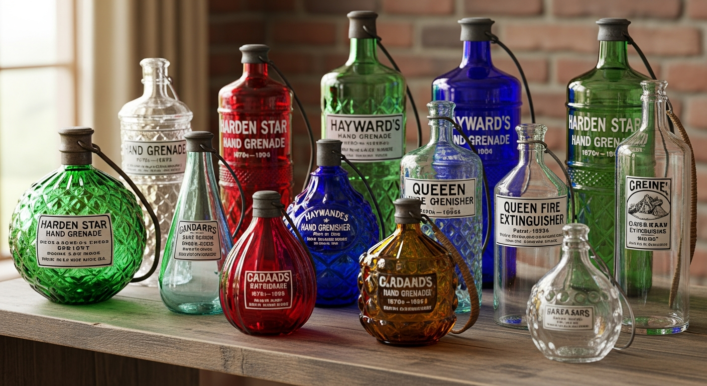 Antique fire extinguisher grenade value reference with glass color, embossing, maker, fill status, condition, rarity, and collector demand