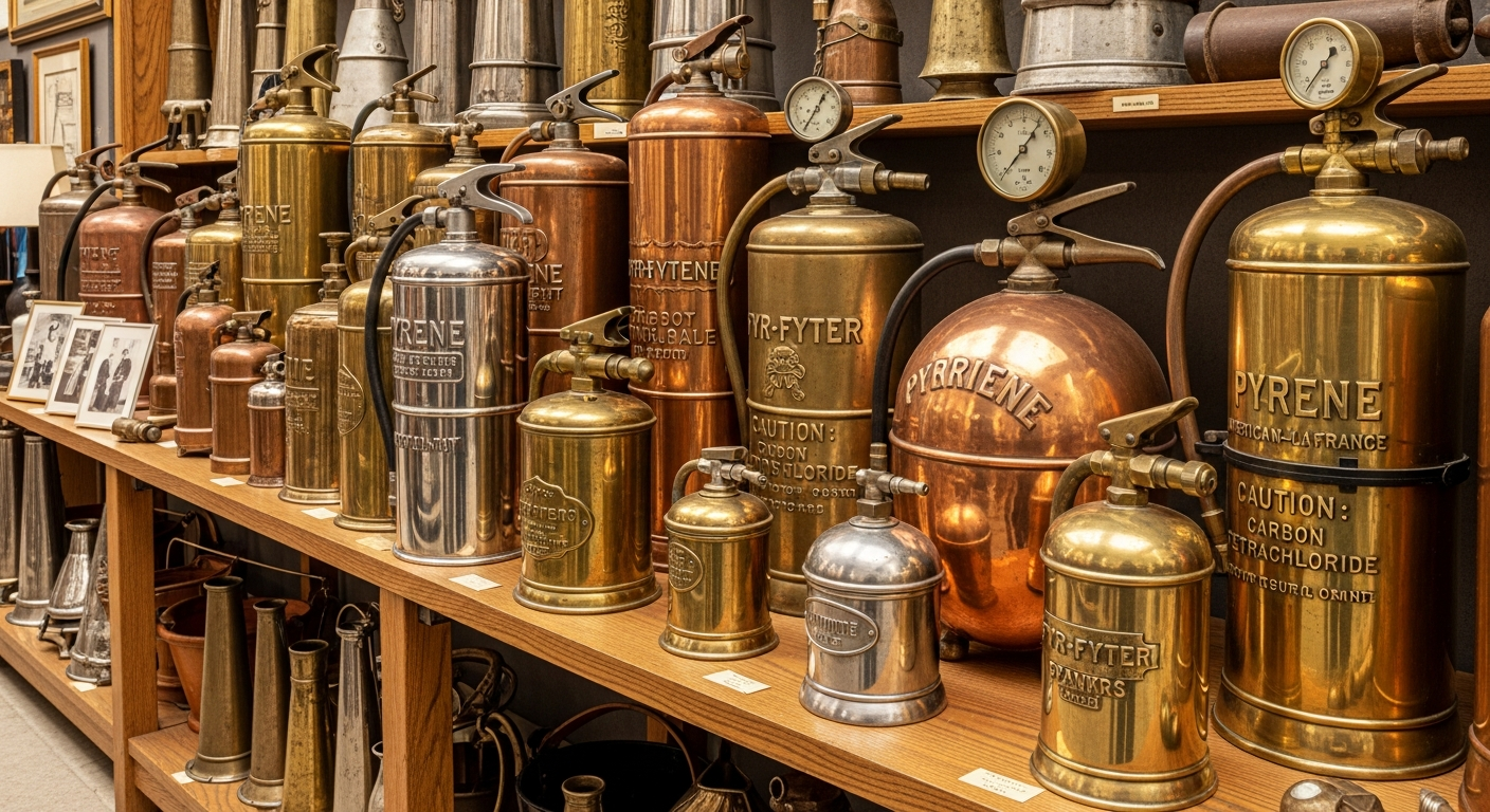 Antique fire extinguisher value reference with type, maker, brass or copper body, label condition, completeness, safety status, and collector demand