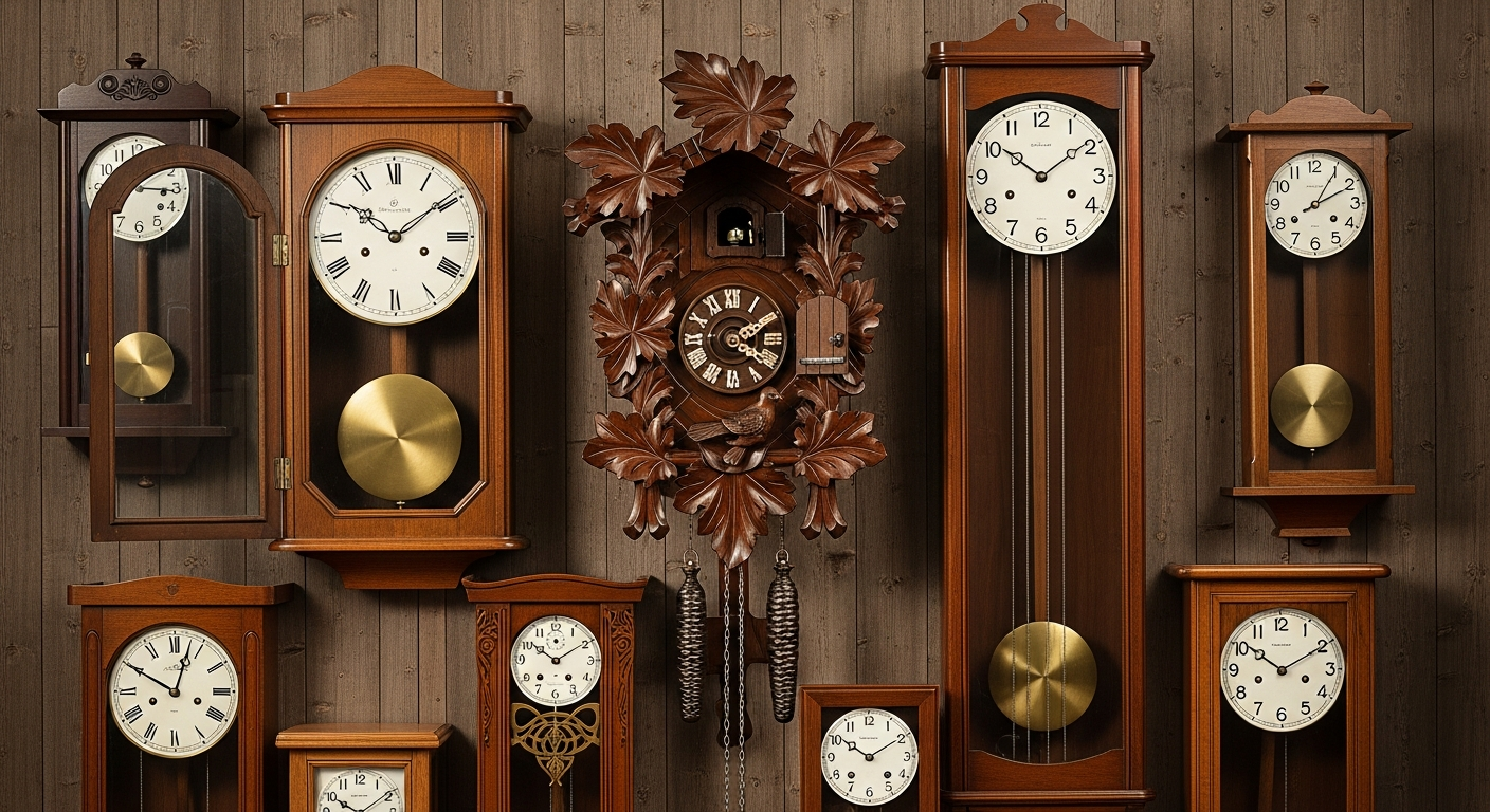Antique German wall clock identification reference with maker marks, movement numbers, dial, case style, pendulum, chime, condition, and value clues