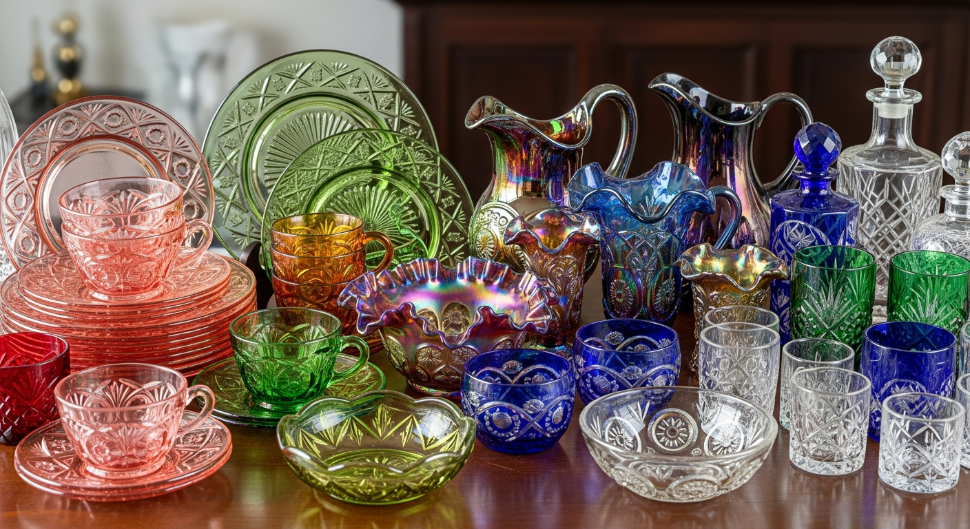 Antique glass dishes value reference with color, pattern, maker, age, set completeness, chips, clouding, rarity, and demand details