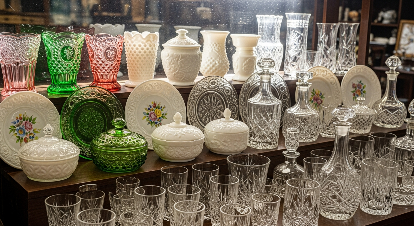 Antique glass value reference with type, color, pattern, maker, pontil marks, condition, rarity, set completeness, and demand details