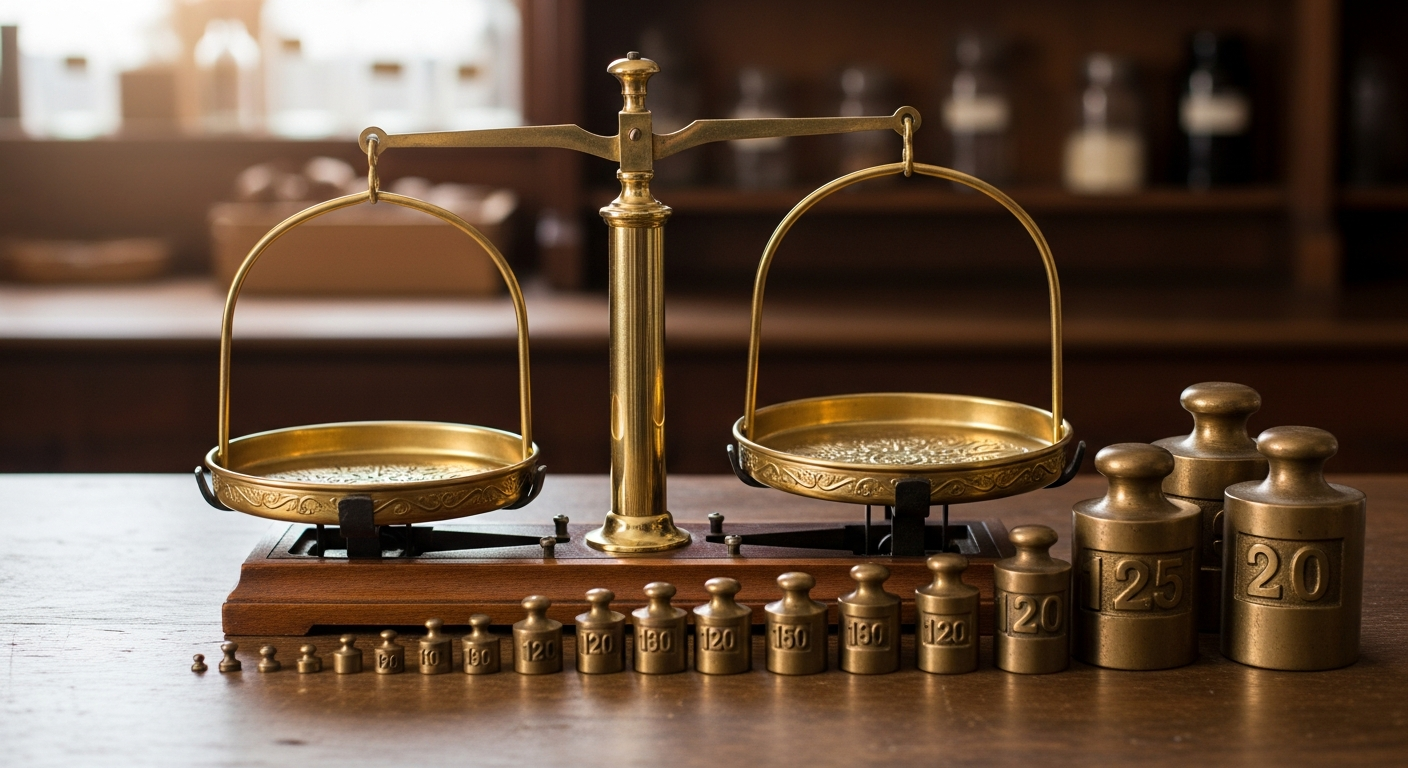 Antique grain scale value reference with maker, scale type, weights, platform or beam parts, metal condition, completeness, and condition details
