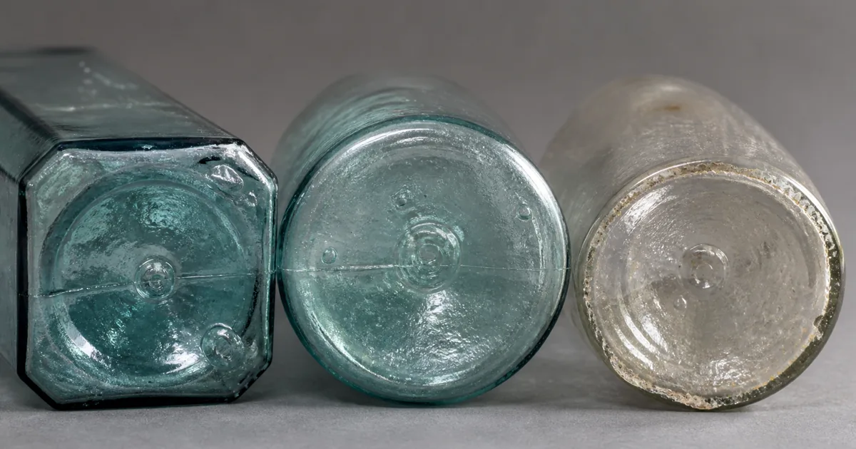 Bottoms of antique glass bottles showing embossed numbers, symbols, and maker marks