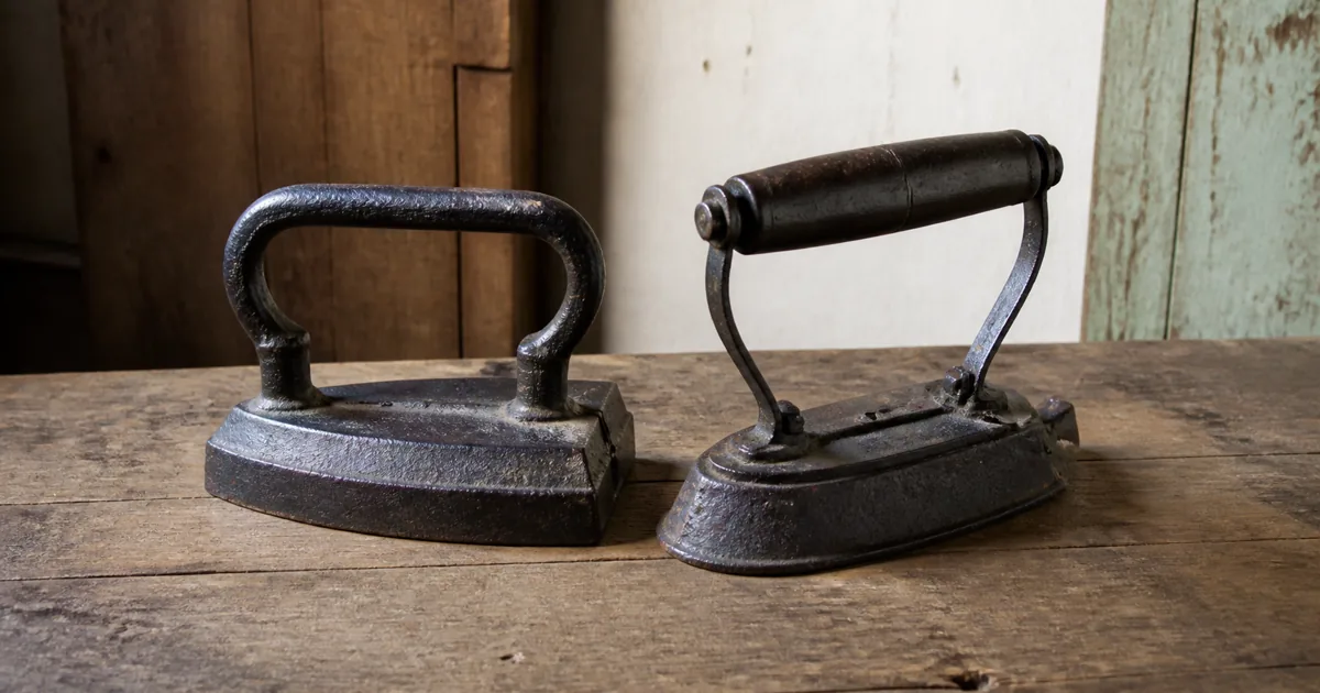 Antique cast-iron sad irons displayed on a worn wooden work surface