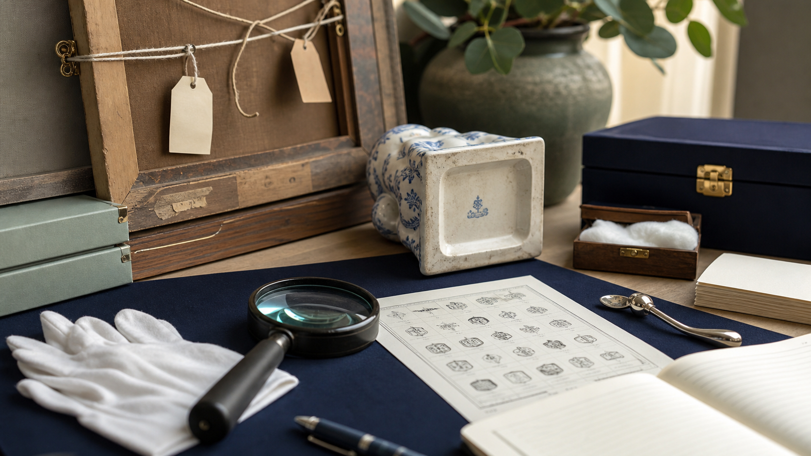 Antique marks, labels, hallmarks, inventory numbers, and appraisal workfile evidence on a desk