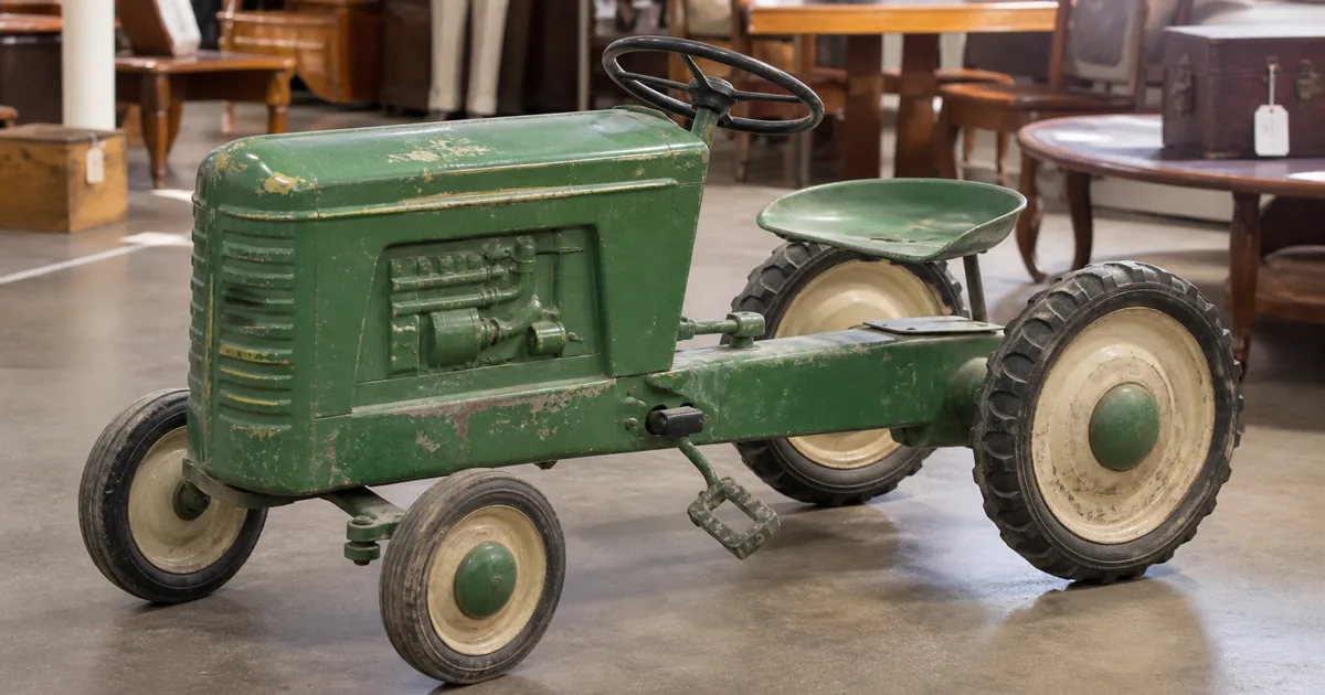 Vintage metal pedal tractor with worn green paint displayed in a workshop