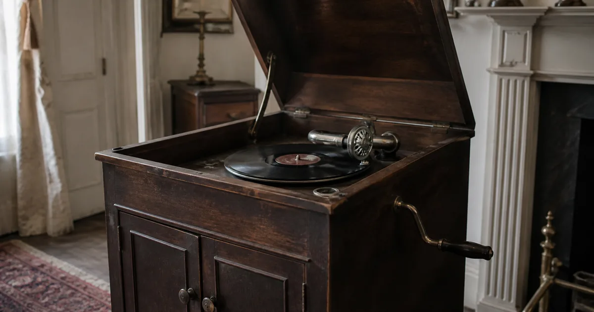 Antique cabinet phonograph with open lid and record on the turntable