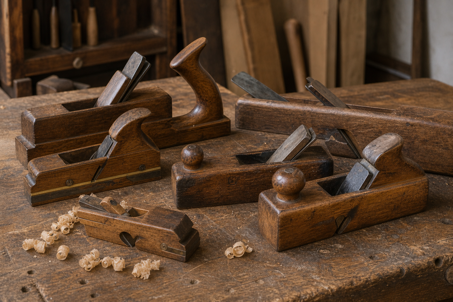 Antique wooden hand planes on a workbench for maker and type identification