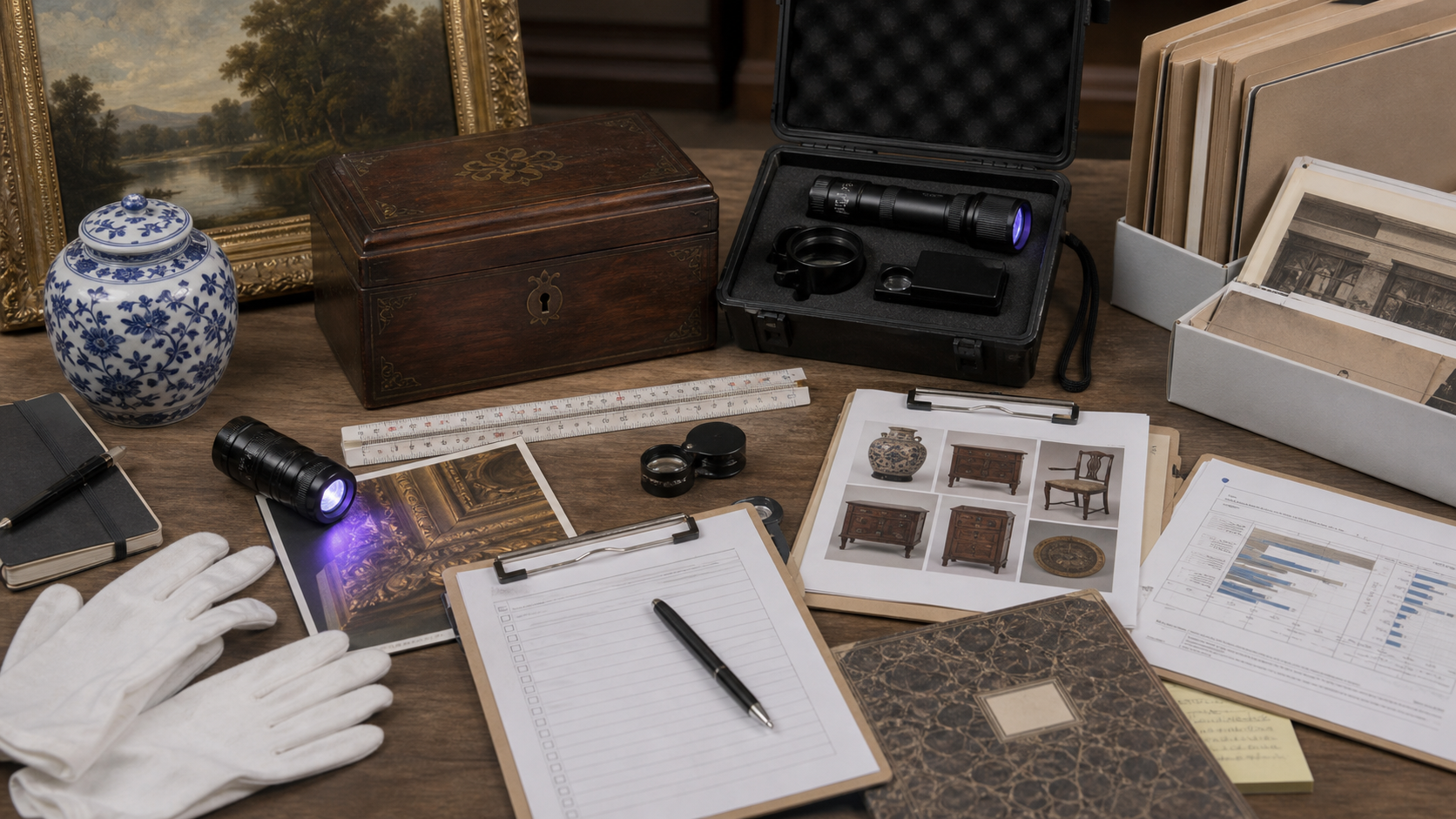 Appraisal field kit with UV flashlight, loupe, ruler, condition checklist, provenance folder, comparable records, porcelain, framed art, and wood object.
