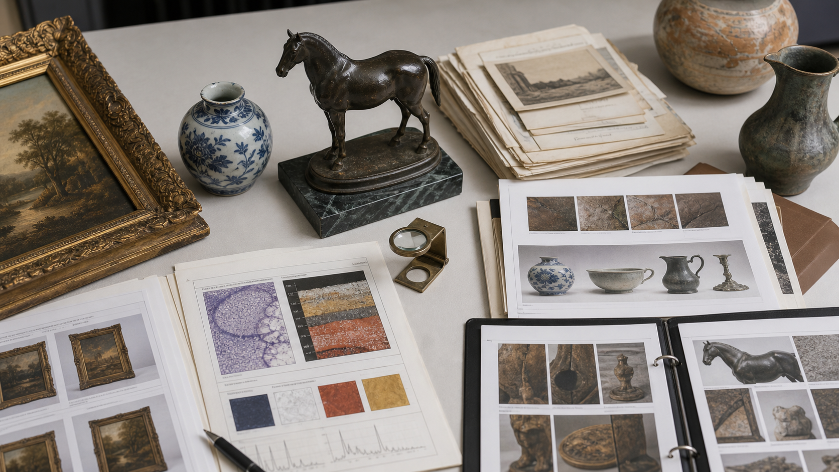 Antiques and art appraisal field manual workspace with provenance documents, condition photos, material notes, comparable sale sheets, and measuring tools