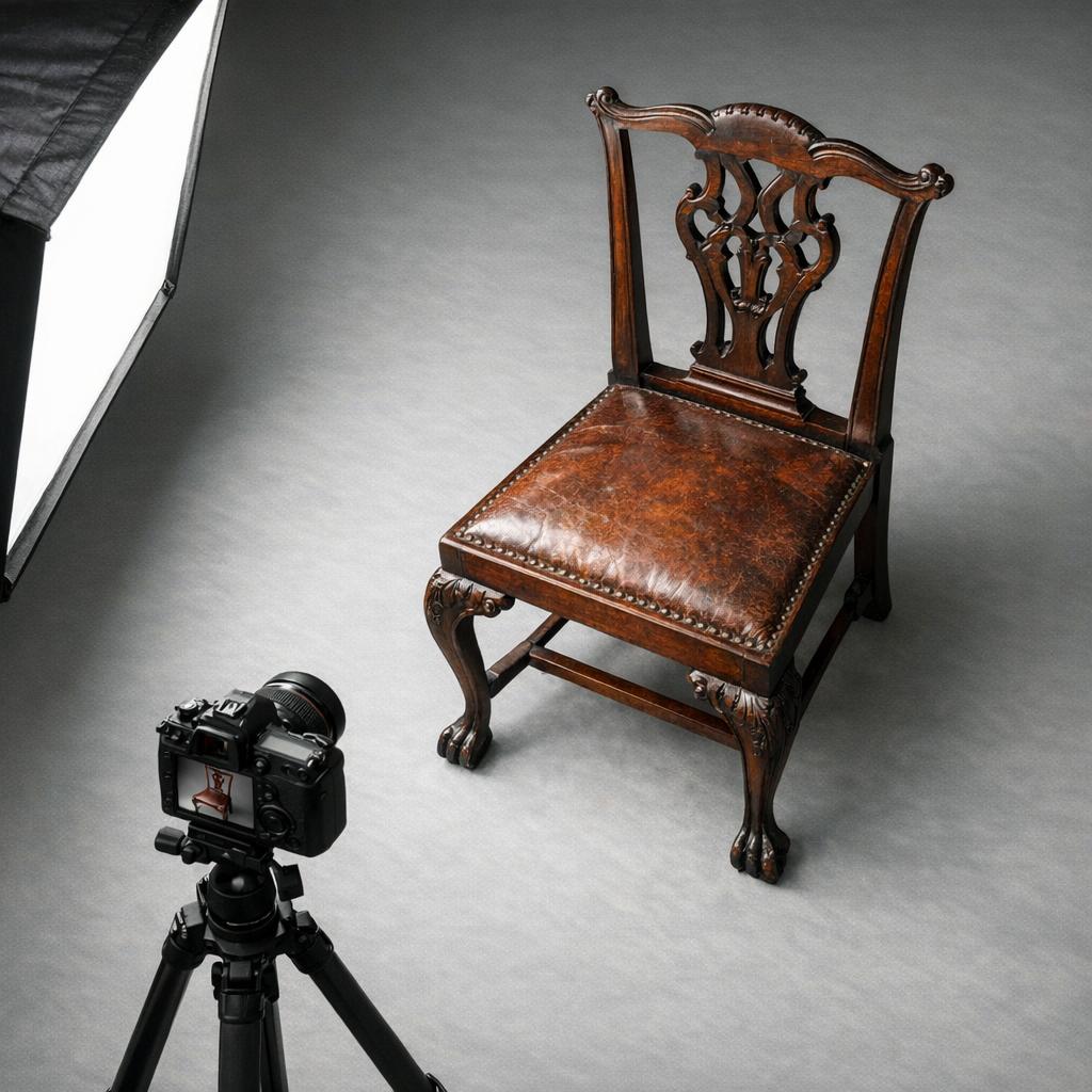 Antique furniture piece being photographed with raking side light to reveal surface patina and construction details