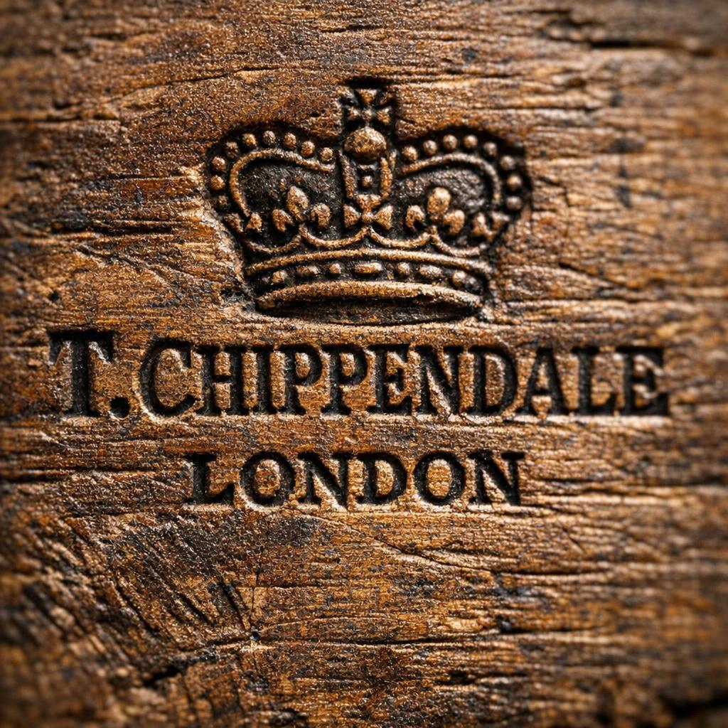 Macro close-up of a furniture maker's brand stamped into antique wood surface showing clear lettering and date